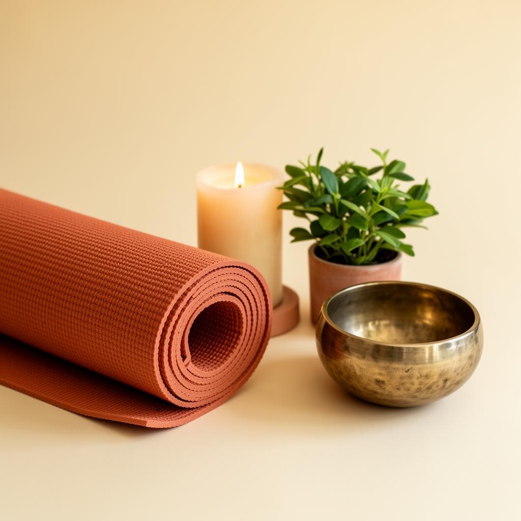 Rolled terracotta yoga mat, lit candle, small plant and brass singing bowl
