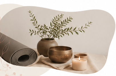 Yoga mat, candle, plant, and singing bowl arranged for practice