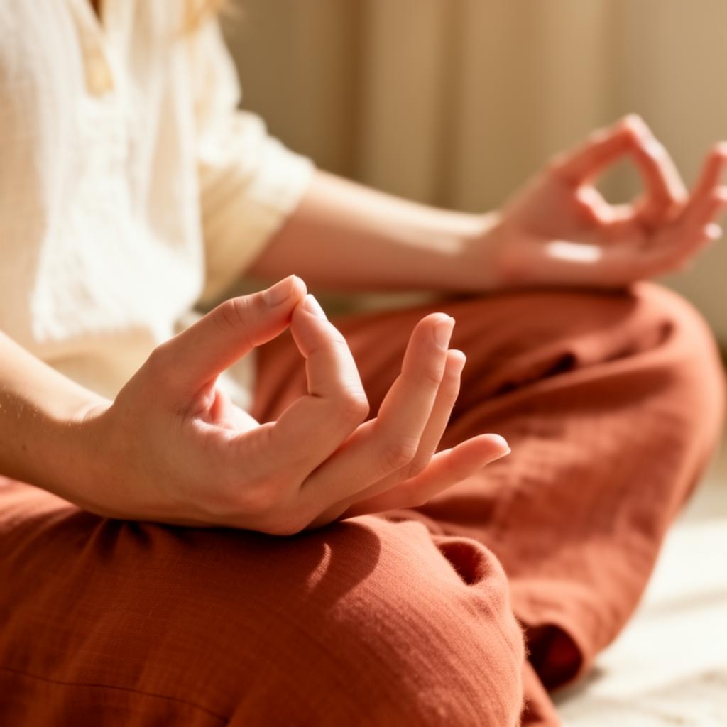 Hands resting in meditation mudra on linen pants
